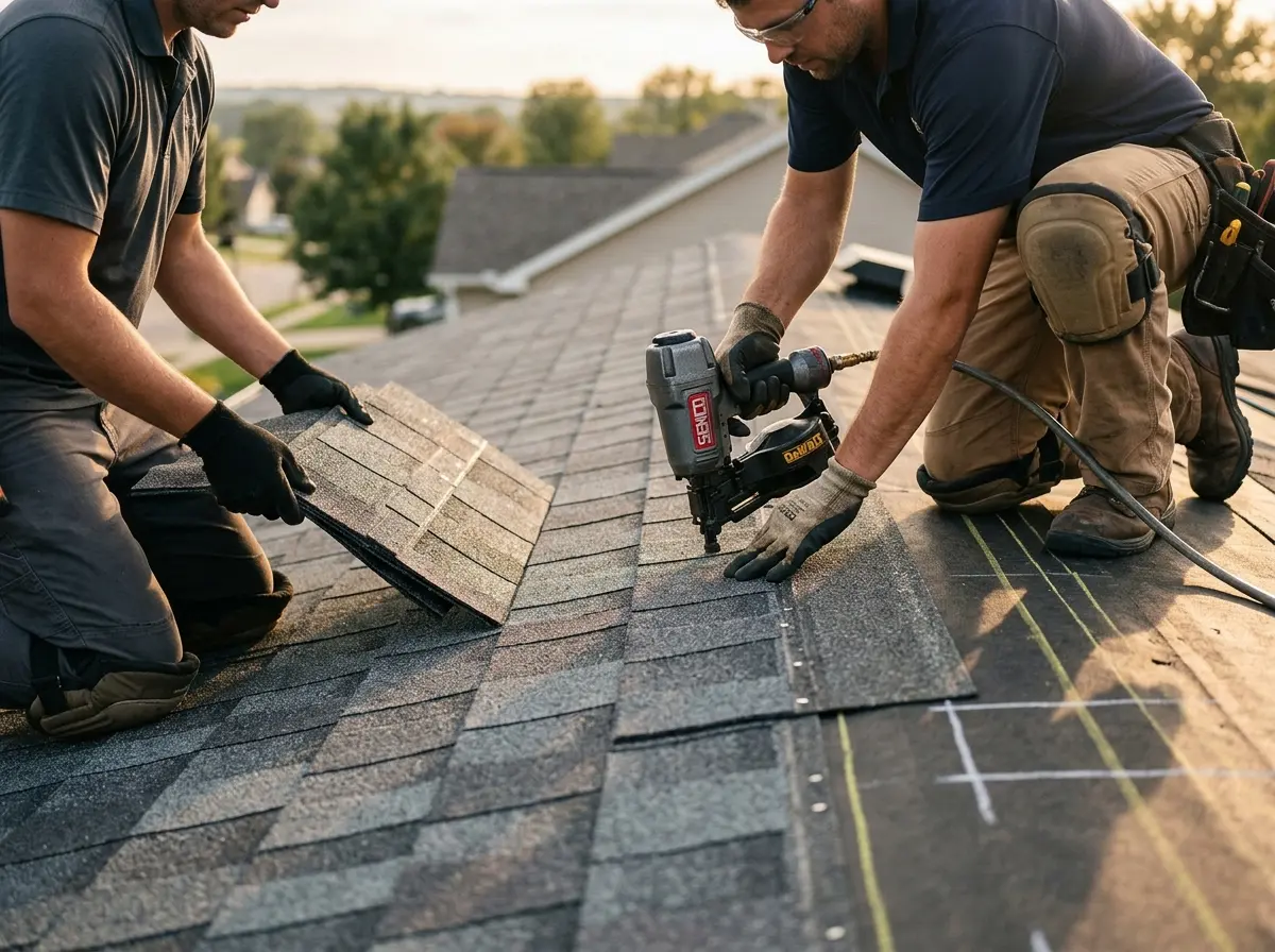 Professional roofer working on a residential roof in Canyon Lake